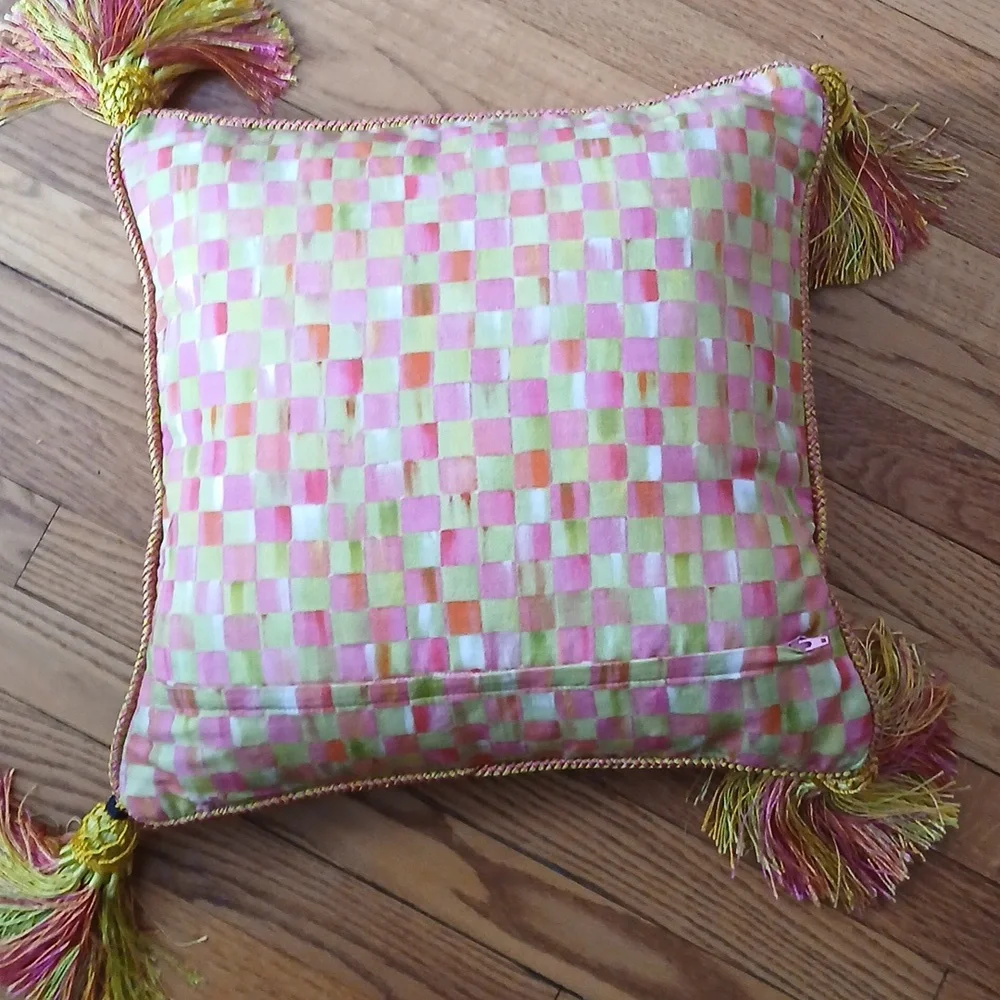 Mackenzie-Childs Parrot Tulip Check Tassled Pillow ■ Retired Vintage Design